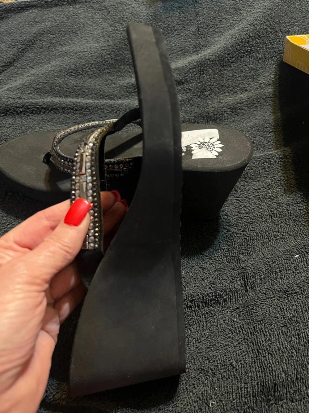 Yellow Box Black Beaded wedge Flip Flop Sandals - Picture 6 of 6